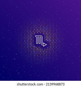 A large white contour zodiac scorpio symbol in the center, surrounded by small dots. Dots of different colors in the shape of a ball. Vector illustration on dark blue gradient background with stars