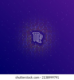 A large white contour zodiac virgo symbol in the center, surrounded by small dots. Dots of different colors in the shape of a ball. Vector illustration on dark blue gradient background with stars