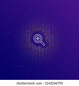 Un gran contorno blanco hace que el símbolo se acerque en el centro, rodeado de pequeños puntos. Puntos de diferentes colores en forma de bola. Ilustración vectorial sobre fondo de gradiente azul oscuro con estrellas