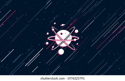 Large white cosmic symbol framed in red in the center. The effect of flying through the stars. Vector illustration on a dark blue background with stars and slanted lines