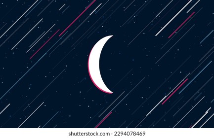 Large white crescent symbol framed in red in the center. The effect of flying through the stars. Vector illustration on a dark blue background with stars and slanted lines