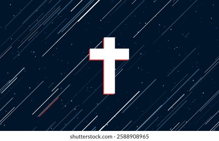 Large white cross symbol framed in red in the center. The effect of flying through the stars. Vector illustration on a dark blue background with stars and slanted lines