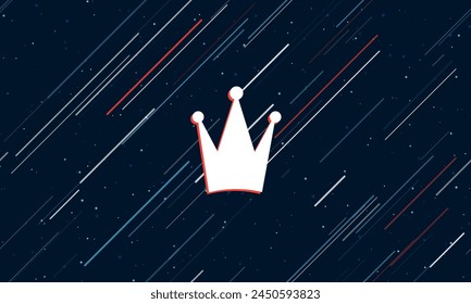 Large white crown symbol framed in red in the center. The effect of flying through the stars. Vector illustration on a dark blue background with stars and slanted lines