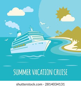 A large white cruise ship with multiple decks and smoking chimneys sails on blue water near a tropical island.