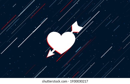 Large white cupid arrow symbol framed in red in the center. The effect of flying through the stars. Seamless vector illustration on a dark blue background with stars and slanted lines