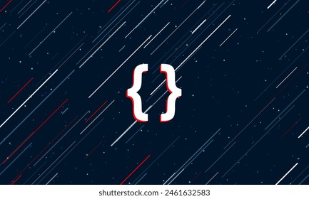 Large white curly brackets symbol framed in red in the center. The effect of flying through the stars. Vector illustration on a dark blue background with stars and slanted lines