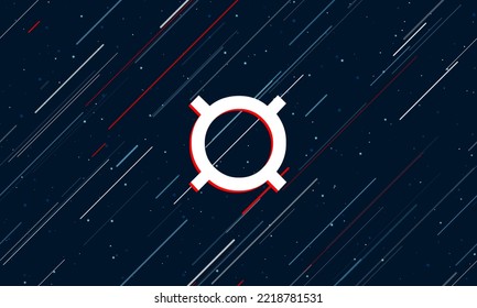 Large white currency sign framed in red in the center. The effect of flying through the stars. Vector illustration on a dark blue background with stars and slanted lines