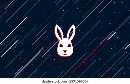 Grosses weißes, niedliches Hasenkopfsymbol, in der Mitte rot eingerahmt. Der Effekt des Fliegens durch die Sterne. Vektorgrafik auf dunkelblauem Hintergrund mit Sternen und langanhaltenden Linien