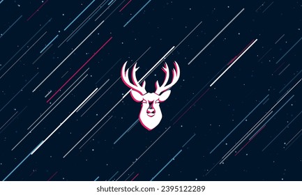 Large white deer head symbol framed in red in the center. The effect of flying through the stars. Vector illustration on a dark blue background with stars and slanted lines
