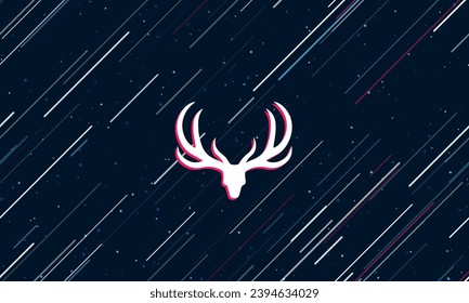 Large white deer horns symbol framed in red in the center. The effect of flying through the stars. Vector illustration on a dark blue background with stars and slanted lines