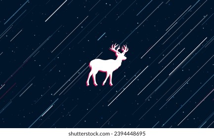 Large white deer symbol framed in red in the center. The effect of flying through the stars. Vector illustration on a dark blue background with stars and slanted lines