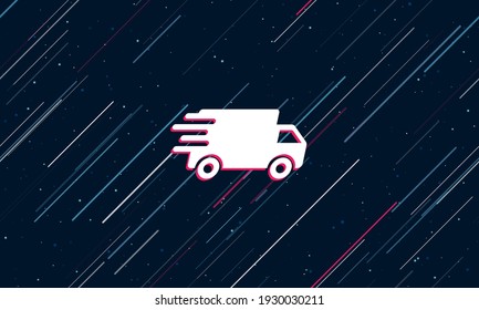 Large white delivery symbol framed in red in the center. The effect of flying through the stars. Seamless vector illustration on a dark blue background with stars and slanted lines