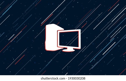 Large white desktop symbol framed in red in the center. The effect of flying through the stars. Seamless vector illustration on a dark blue background with stars and slanted lines