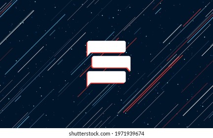 Large white discussion symbol framed in red in the center. The effect of flying through the stars. Vector illustration on a dark blue background with stars and slanted lines