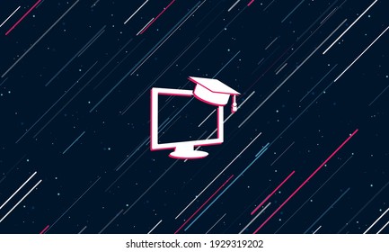 Large white distance learning symbol framed in red in the center. The effect of flying through the stars. Seamless vector illustration on a dark blue background with stars and slanted lines