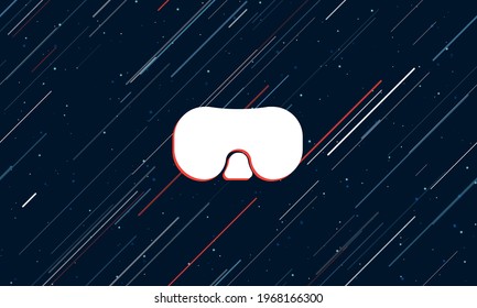 Large white diving goggles symbol framed in red in the center. The effect of flying through the stars. Vector illustration on a dark blue background with stars and slanted lines