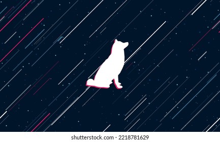 Large white dog symbol framed in red in the center. The effect of flying through the stars. Vector illustration on a dark blue background with stars and slanted lines
