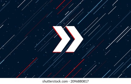 Large white double arrow symbol framed in red in the center. The effect of flying through the stars. Vector illustration on a dark blue background with stars and slanted lines