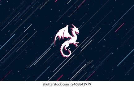 Large white dragon symbol framed in red in the center. The effect of flying through the stars. Vector illustration on a dark blue background with stars and slanted lines