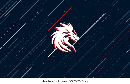 Large white dragon's head symbol framed in red in the center. The effect of flying through the stars. Vector illustration on a dark blue background with stars and slanted lines