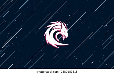 Large white dragon's head symbol framed in red in the center. The effect of flying through the stars. Vector illustration on a dark blue background with stars and slanted lines