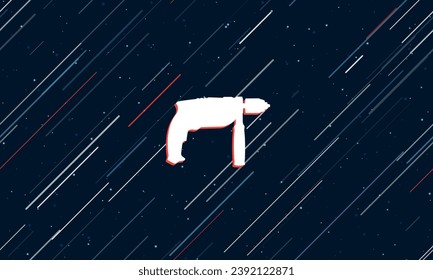 Grosses weißes Bohrsymbol, in der Mitte rot eingerahmt. Der Effekt des Fliegens durch die Sterne. Vektorgrafik auf dunkelblauem Hintergrund mit Sternen und langanhaltenden Linien