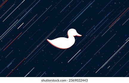 Large white duck symbol framed in red in the center. The effect of flying through the stars. Vector illustration on a dark blue background with stars and slanted lines