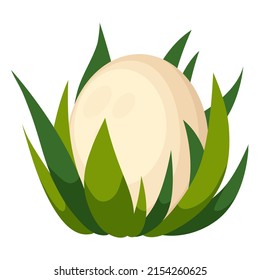 Large white egg laid in the green grass cartoon vector illustration isolated on white background