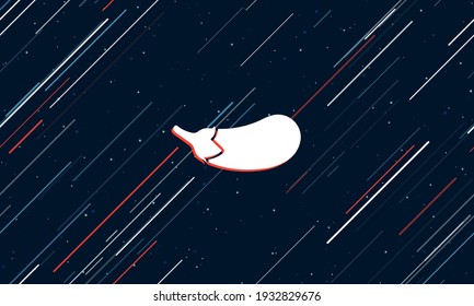 Gran símbolo blanco de berenjena enmarcado en rojo en el centro. El efecto de volar a través de las estrellas. ilustración vectorial en un fondo azul oscuro con estrellas y líneas inclinadas