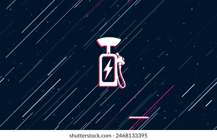 Large white electric charging station symbol framed in red in the center. The effect of flying through the stars. Vector illustration on a dark blue background with stars and slanted lines