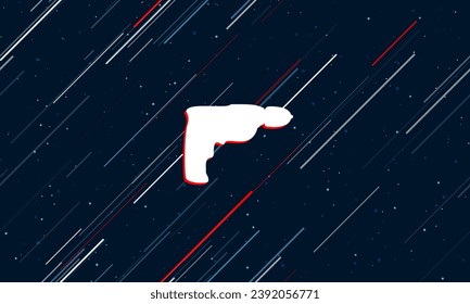 Large white electric drill symbol framed in red in the center. The effect of flying through the stars. Vector illustration on a dark blue background with stars and slanted lines