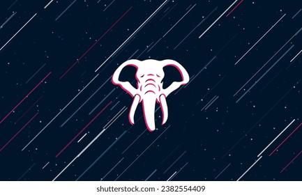 Large white elephant head framed in red in the center. The effect of flying through the stars. Vector illustration on a dark blue background with stars and slanted lines