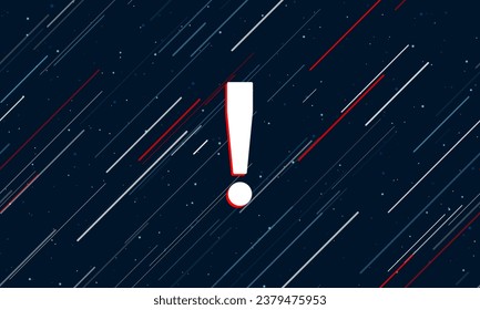 Large white exclamation symbol framed in red in the center. The effect of flying through the stars. Vector illustration on a dark blue background with stars and slanted lines