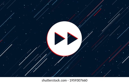 Large White Fast Forward Symbol Framed In Red In The Center. The Effect Of Flying Through The Stars. Vector Illustration On A Dark Blue Background With Stars And Slanted Lines