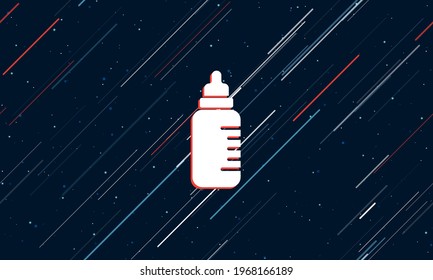 Large white feeding bottle symbol framed in red in the center. The effect of flying through the stars. Vector illustration on a dark blue background with stars and slanted lines