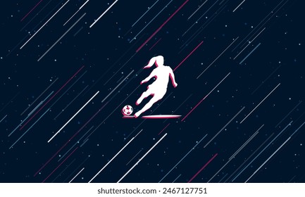 Large white female football symbol framed in red in the center. The effect of flying through the stars. Vector illustration on a dark blue background with stars and slanted lines