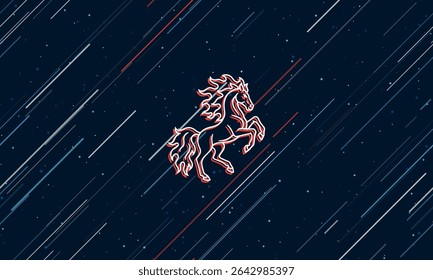 Large white fiery horse symbol framed in red in the center. The effect of flying through the stars. Vector illustration on a dark blue background with stars and slanted lines