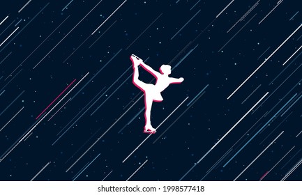 Large white figure skating symbol framed in red in the center. The effect of flying through the stars. Vector illustration on a dark blue background with stars and slanted lines