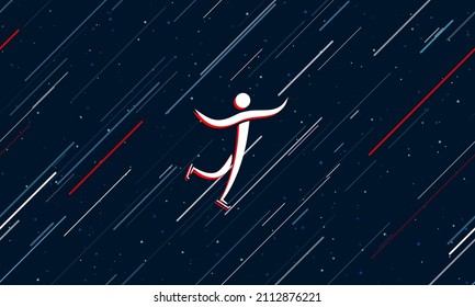Large white figure skating symbol framed in red in the center. The effect of flying through the stars. Vector illustration on a dark blue background with stars and slanted lines