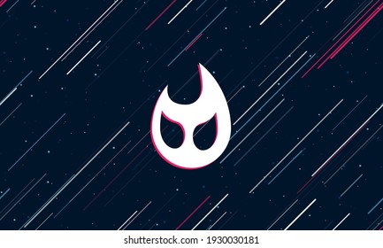 Grosses weißes Feuersymbol, in der Mitte rot eingerahmt. Der Effekt des Fliegens durch die Sterne. Nahtlose Vektorgrafik auf dunkelblauem Hintergrund mit Sternen und langanhaltenden Linien