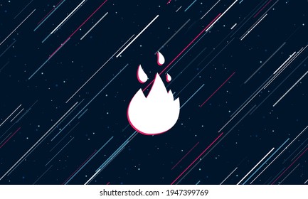 Large white fire symbol framed in red in the center. The effect of flying through the stars. Vector illustration on a dark blue background with stars and slanted lines