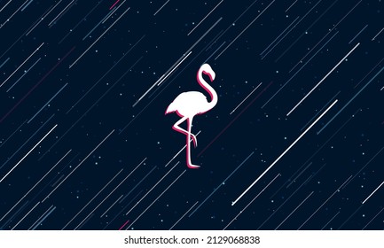 Large white flamingos symbol framed in red in the center. The effect of flying through the stars. Vector illustration on a dark blue background with stars and slanted lines