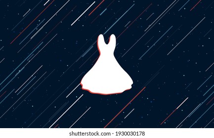 Large white flared dress symbol framed in red in the center. The effect of flying through the stars. Seamless vector illustration on a dark blue background with stars and slanted lines