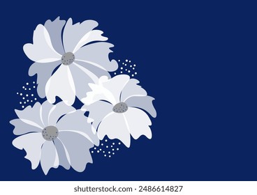 Large white flowers on dark blue background. Fantasy floral pattern. Hand drawing vector illustration. Greeting card design of spring flower. Monochrome blue decor without text for card, poster, etc.