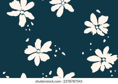 Large white flowers shaped by brush strokes. Seamless pattern on aquamarine blue background. Abstract botanical floral pattern. Vector monochrome modern design, banner, cover, wallpaper