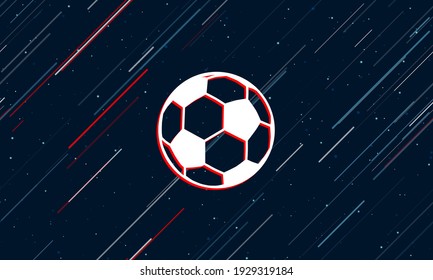 Large white football symbol framed in red in the center. The effect of flying through the stars. Seamless vector illustration on a dark blue background with stars and slanted lines