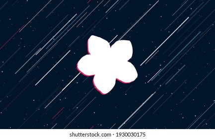 Large white forget-me-not flower framed in red in the center. The effect of flying through the stars. Seamless vector illustration on a dark blue background with stars and slanted lines