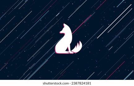 Large white fox symbol framed in red in the center. The effect of flying through the stars. Vector illustration on a dark blue background with stars and slanted lines