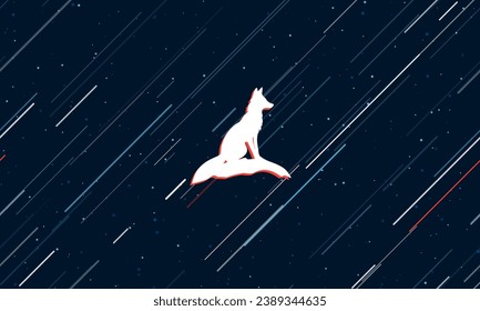 Large white fox symbol framed in red in the center. The effect of flying through the stars. Vector illustration on a dark blue background with stars and slanted lines