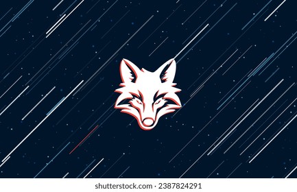 Large white fox's head symbol framed in red in the center. The effect of flying through the stars. Vector illustration on a dark blue background with stars and slanted lines
